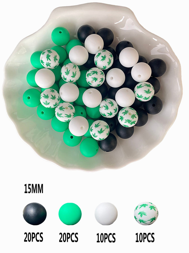 Silicone beads 15mm*50pcs, printed beads 15mm*10pcs. Used to make pens, bracelets, lanyards, necklaces, key chains, school bag pendants, friendship gifts and other crafts.