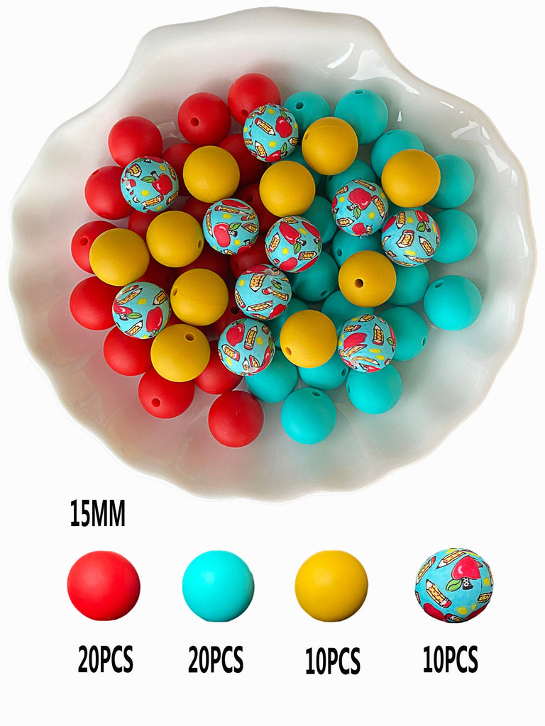 Silicone beads 15mm*50pcs, printed beads 15mm*10pcs. Used to make pens, bracelets, lanyards, necklaces, key chains, school bag pendants, friendship gifts and other crafts.