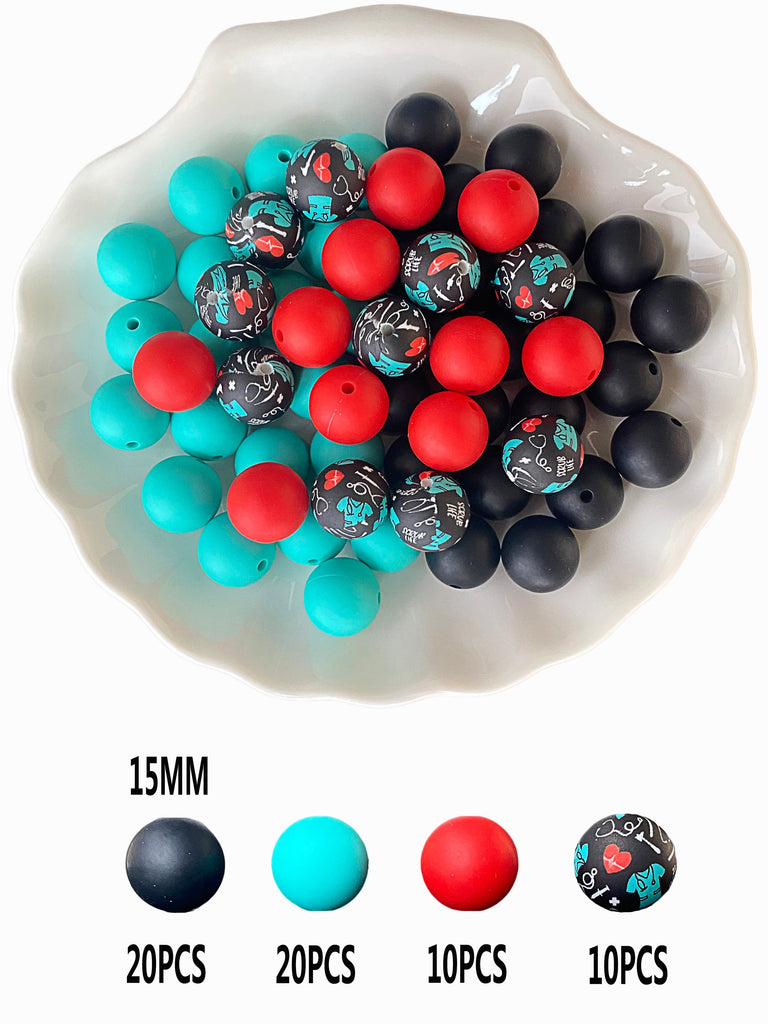 Silicone beads 15mm*50pcs, printed beads 15mm*10pcs. Used to make pens, bracelets, lanyards, necklaces, key chains, school bag pendants, friendship gifts and other crafts.