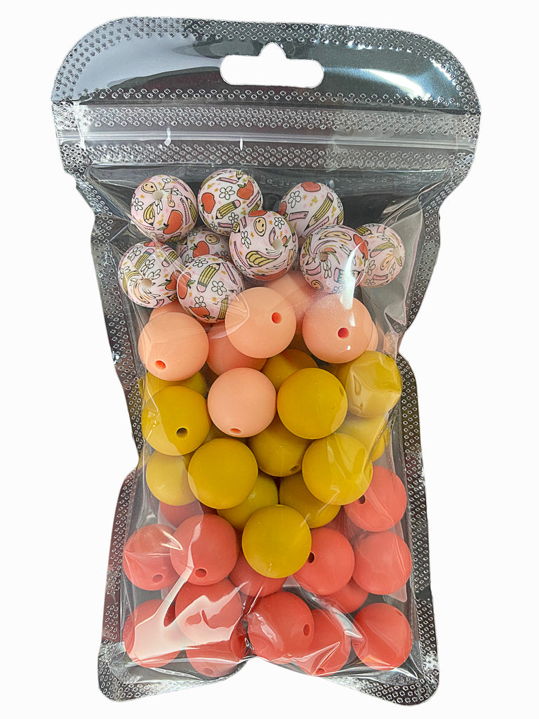 Silicone beads 15mm*50pcs, printed beads 15mm*10pcs. Used to make pens, bracelets, lanyards, necklaces, key chains, school bag pendants, friendship gifts and other crafts.