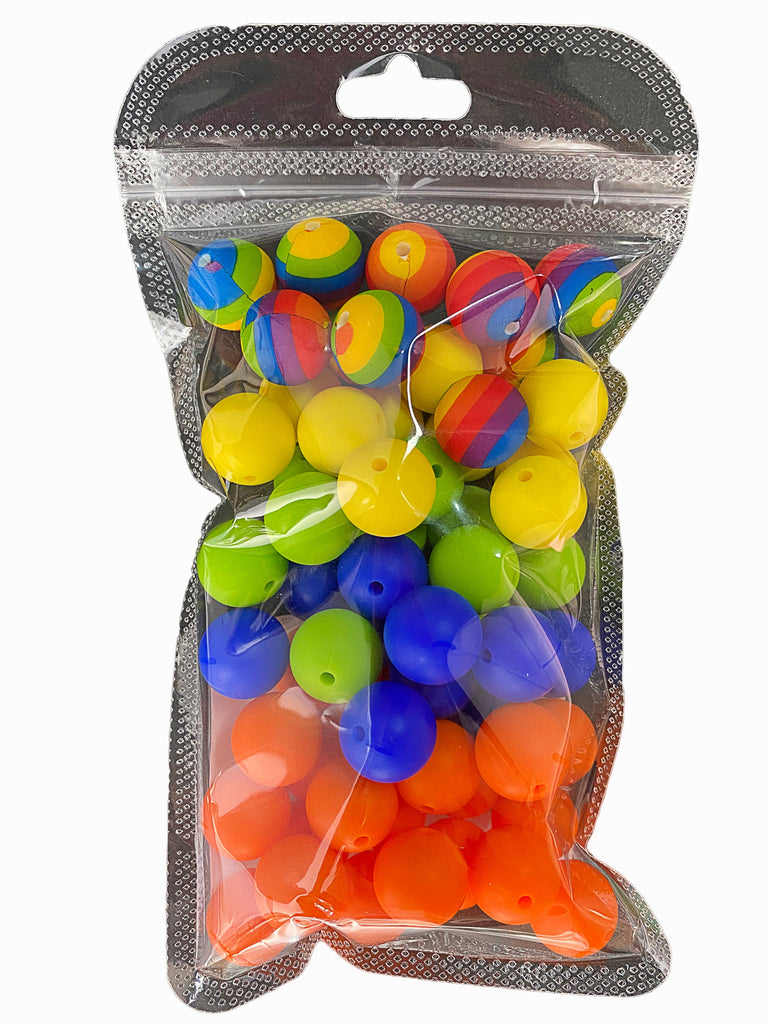 Silicone beads 15mm*50pcs, printed beads 15mm*10pcs. Used to make pens, bracelets, lanyards, necklaces, key chains, school bag pendants, friendship gifts and other crafts.