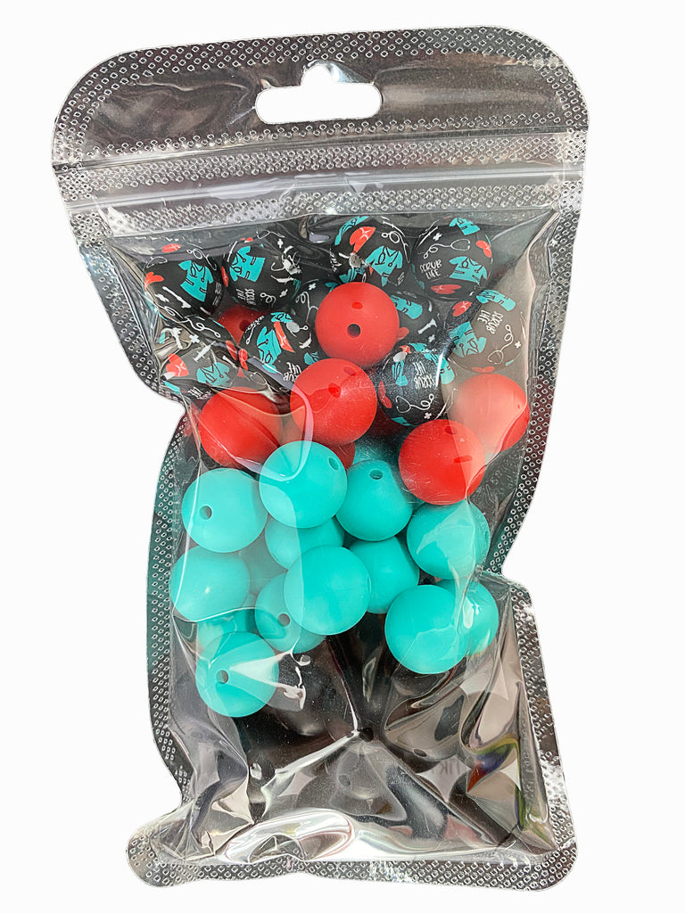 Silicone beads 15mm*50pcs, printed beads 15mm*10pcs. Used to make pens, bracelets, lanyards, necklaces, key chains, school bag pendants, friendship gifts and other crafts.